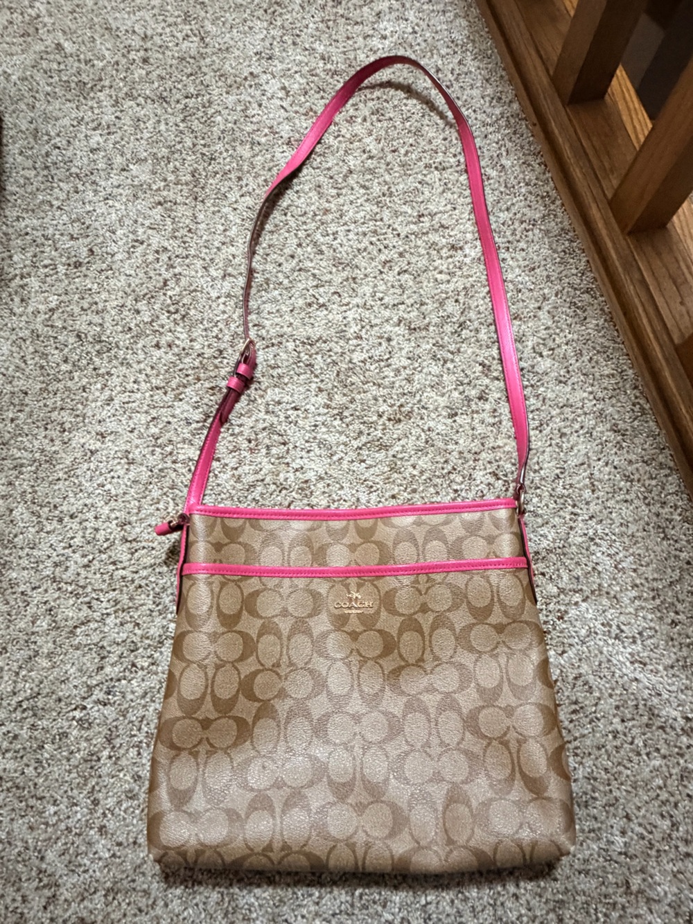 Coach Signature Crossbody in Brown with Pink Trim